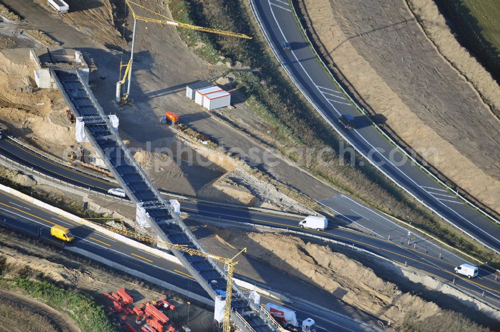 SCHWANEBECK from the bird's eye view: Baustelle vom Autobahndreieck Kreuz Barnim, vormals AD Schwanebeck, mit Aus- und Umbauarbeiten. Die EUROVIA führt im Auftrag des Landesbetrieb Brandenburg umfangreiche Abbruch-, Erdarbeiten und den Neubau von Brückenbauwerken zum Um- und Ausbau des Autobahndreiecks (AD) Barnim am nördlichen Berliner Ring durch. View of the construction site at the highway triangle Kreuz Barnim.