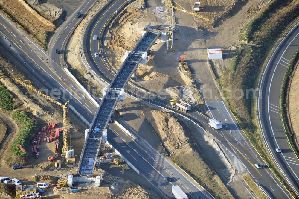 SCHWANEBECK from above - Baustelle vom Autobahndreieck Kreuz Barnim, vormals AD Schwanebeck, mit Aus- und Umbauarbeiten. Die EUROVIA führt im Auftrag des Landesbetrieb Brandenburg umfangreiche Abbruch-, Erdarbeiten und den Neubau von Brückenbauwerken zum Um- und Ausbau des Autobahndreiecks (AD) Barnim am nördlichen Berliner Ring durch. View of the construction site at the highway triangle Kreuz Barnim.