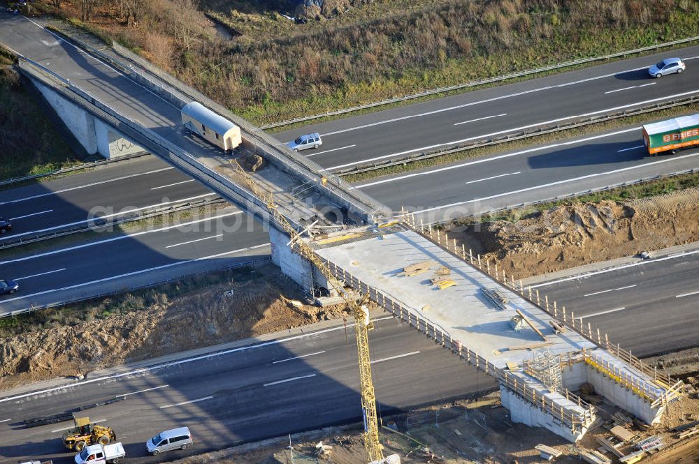 SCHWANEBECK from above - Baustelle vom Autobahndreieck Kreuz Barnim, vormals AD Schwanebeck, mit Aus- und Umbauarbeiten. Die EUROVIA führt im Auftrag des Landesbetrieb Brandenburg umfangreiche Abbruch-, Erdarbeiten und den Neubau von Brückenbauwerken zum Um- und Ausbau des Autobahndreiecks (AD) Barnim am nördlichen Berliner Ring durch. View of the construction site at the highway triangle Kreuz Barnim.