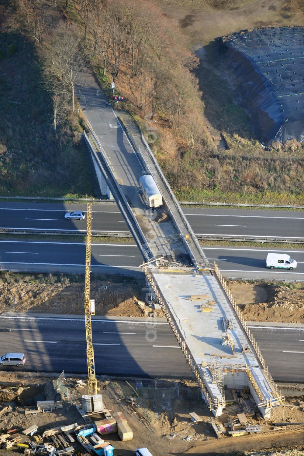 SCHWANEBECK from the bird's eye view: Baustelle vom Autobahndreieck Kreuz Barnim, vormals AD Schwanebeck, mit Aus- und Umbauarbeiten. Die EUROVIA führt im Auftrag des Landesbetrieb Brandenburg umfangreiche Abbruch-, Erdarbeiten und den Neubau von Brückenbauwerken zum Um- und Ausbau des Autobahndreiecks (AD) Barnim am nördlichen Berliner Ring durch. View of the construction site at the highway triangle Kreuz Barnim.