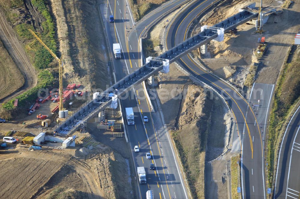 SCHWANEBECK from above - Baustelle vom Autobahndreieck Kreuz Barnim, vormals AD Schwanebeck, mit Aus- und Umbauarbeiten. Die EUROVIA führt im Auftrag des Landesbetrieb Brandenburg umfangreiche Abbruch-, Erdarbeiten und den Neubau von Brückenbauwerken zum Um- und Ausbau des Autobahndreiecks (AD) Barnim am nördlichen Berliner Ring durch. View of the construction site at the highway triangle Kreuz Barnim.