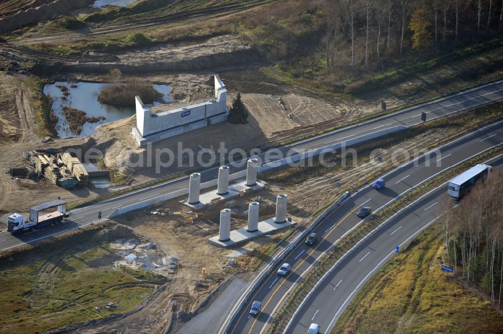 SCHWANEBECK from the bird's eye view: Baustelle vom Autobahndreieck Kreuz Barnim, vormals AD Schwanebeck, mit Aus- und Umbauarbeiten. Die EUROVIA führt im Auftrag des Landesbetrieb Brandenburg umfangreiche Abbruch-, Erdarbeiten und den Neubau von Brückenbauwerken zum Um- und Ausbau des Autobahndreiecks (AD) Barnim am nördlichen Berliner Ring durch. View of the construction site at the highway triangle Kreuz Barnim.