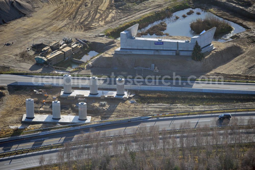 SCHWANEBECK from above - Baustelle vom Autobahndreieck Kreuz Barnim, vormals AD Schwanebeck, mit Aus- und Umbauarbeiten. Die EUROVIA führt im Auftrag des Landesbetrieb Brandenburg umfangreiche Abbruch-, Erdarbeiten und den Neubau von Brückenbauwerken zum Um- und Ausbau des Autobahndreiecks (AD) Barnim am nördlichen Berliner Ring durch. View of the construction site at the highway triangle Kreuz Barnim.