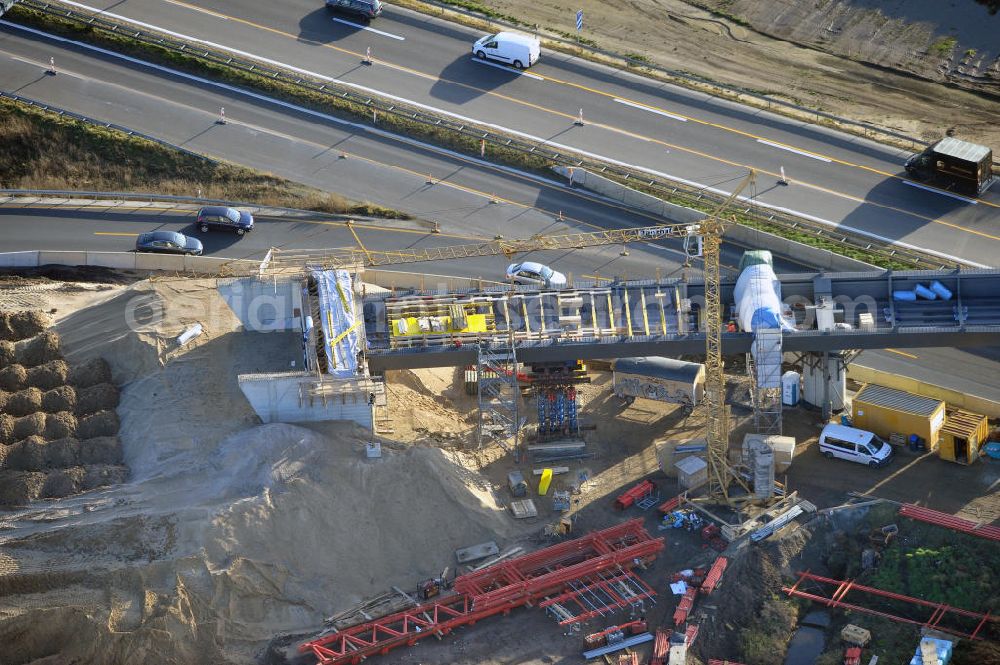 SCHWANEBECK from above - Baustelle vom Autobahndreieck Kreuz Barnim, vormals AD Schwanebeck, mit Aus- und Umbauarbeiten. Die EUROVIA führt im Auftrag des Landesbetrieb Brandenburg umfangreiche Abbruch-, Erdarbeiten und den Neubau von Brückenbauwerken zum Um- und Ausbau des Autobahndreiecks (AD) Barnim am nördlichen Berliner Ring durch. View of the construction site at the highway triangle Kreuz Barnim.