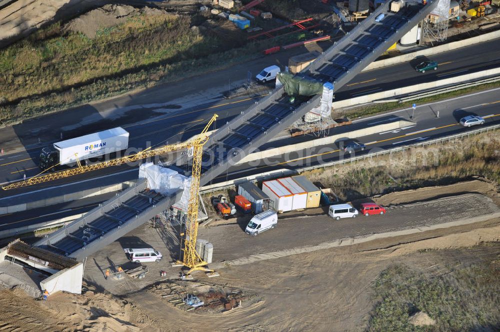 SCHWANEBECK from above - Baustelle vom Autobahndreieck Kreuz Barnim, vormals AD Schwanebeck, mit Aus- und Umbauarbeiten. Die EUROVIA führt im Auftrag des Landesbetrieb Brandenburg umfangreiche Abbruch-, Erdarbeiten und den Neubau von Brückenbauwerken zum Um- und Ausbau des Autobahndreiecks (AD) Barnim am nördlichen Berliner Ring durch. View of the construction site at the highway triangle Kreuz Barnim.