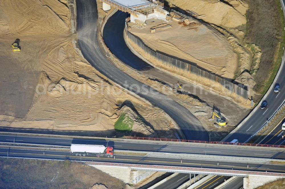 SCHWANEBECK from above - Baustelle vom Autobahndreieck Kreuz Barnim, vormals AD Schwanebeck, mit Aus- und Umbauarbeiten. Die EUROVIA führt im Auftrag des Landesbetrieb Brandenburg umfangreiche Abbruch-, Erdarbeiten und den Neubau von Brückenbauwerken zum Um- und Ausbau des Autobahndreiecks (AD) Barnim am nördlichen Berliner Ring durch. View of the construction site at the highway triangle Kreuz Barnim.