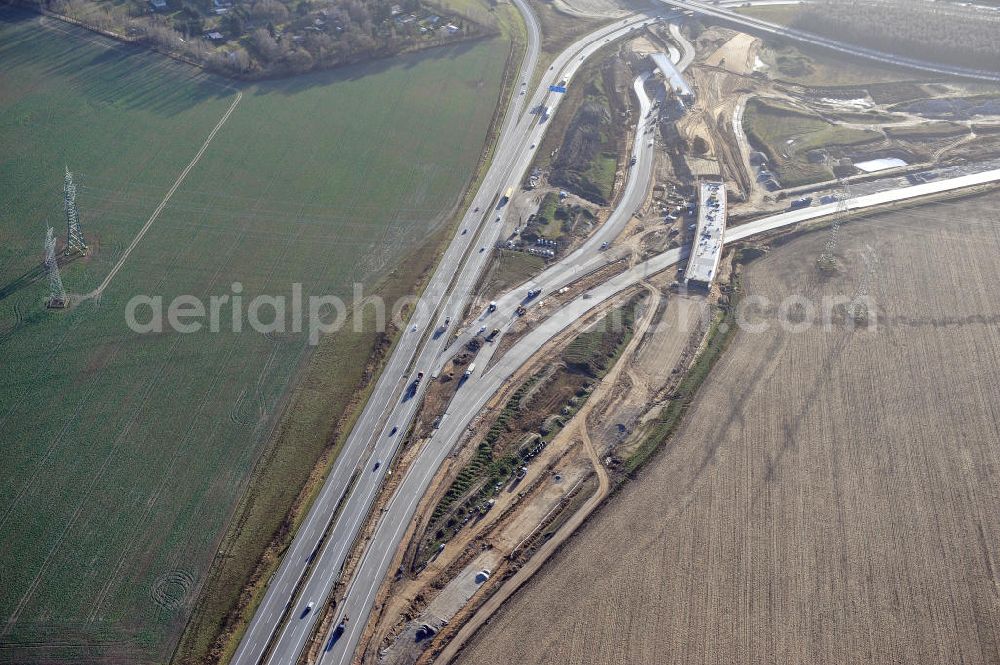 SCHWANEBECK from above - Baustelle vom Autobahndreieck Kreuz Barnim, vormals AD Schwanebeck, mit Aus- und Umbauarbeiten. Die EUROVIA führt im Auftrag des Landesbetrieb Brandenburg umfangreiche Abbruch-, Erdarbeiten und den Neubau von Brückenbauwerken zum Um- und Ausbau des Autobahndreiecks (AD) Barnim am nördlichen Berliner Ring durch. View of the construction site at the highway triangle Kreuz Barnim.