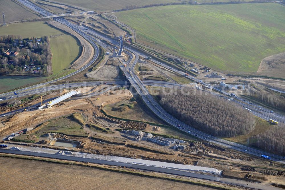 SCHWANEBECK from above - Baustelle vom Autobahndreieck Kreuz Barnim, vormals AD Schwanebeck, mit Aus- und Umbauarbeiten. Die EUROVIA führt im Auftrag des Landesbetrieb Brandenburg umfangreiche Abbruch-, Erdarbeiten und den Neubau von Brückenbauwerken zum Um- und Ausbau des Autobahndreiecks (AD) Barnim am nördlichen Berliner Ring durch. View of the construction site at the highway triangle Kreuz Barnim.