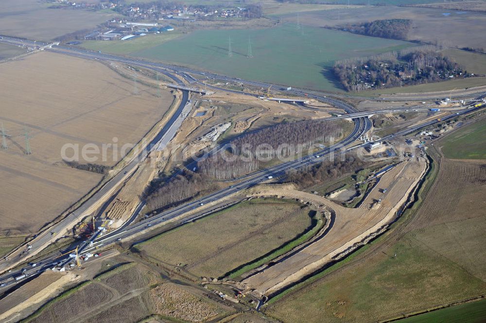 SCHWANEBECK from the bird's eye view: Baustelle vom Autobahndreieck Kreuz Barnim, vormals AD Schwanebeck, mit Aus- und Umbauarbeiten. Die EUROVIA führt im Auftrag des Landesbetrieb Brandenburg umfangreiche Abbruch-, Erdarbeiten und den Neubau von Brückenbauwerken zum Um- und Ausbau des Autobahndreiecks (AD) Barnim am nördlichen Berliner Ring durch. View of the construction site at the highway triangle Kreuz Barnim.