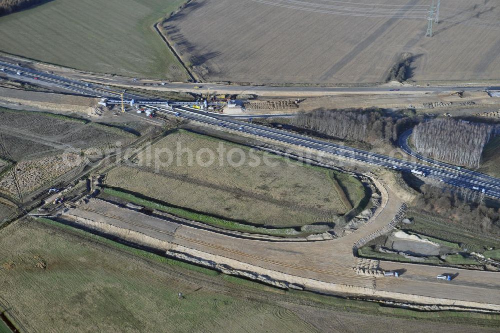 SCHWANEBECK from above - Baustelle vom Autobahndreieck Kreuz Barnim, vormals AD Schwanebeck, mit Aus- und Umbauarbeiten. Die EUROVIA führt im Auftrag des Landesbetrieb Brandenburg umfangreiche Abbruch-, Erdarbeiten und den Neubau von Brückenbauwerken zum Um- und Ausbau des Autobahndreiecks (AD) Barnim am nördlichen Berliner Ring durch. View of the construction site at the highway triangle Kreuz Barnim.