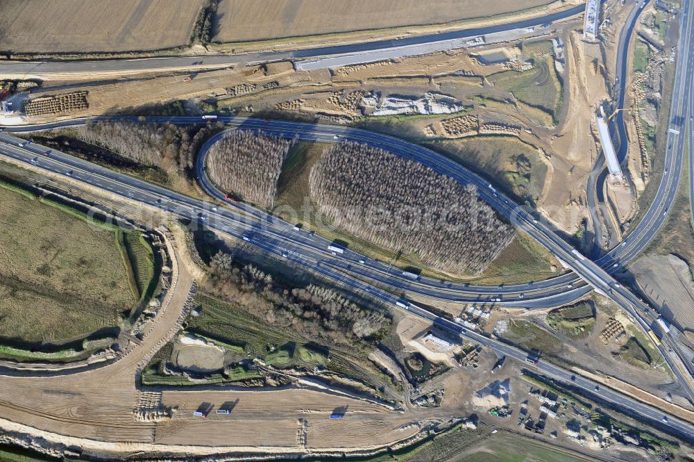 SCHWANEBECK from above - Baustelle vom Autobahndreieck Kreuz Barnim, vormals AD Schwanebeck, mit Aus- und Umbauarbeiten. Die EUROVIA führt im Auftrag des Landesbetrieb Brandenburg umfangreiche Abbruch-, Erdarbeiten und den Neubau von Brückenbauwerken zum Um- und Ausbau des Autobahndreiecks (AD) Barnim am nördlichen Berliner Ring durch. View of the construction site at the highway triangle Kreuz Barnim.