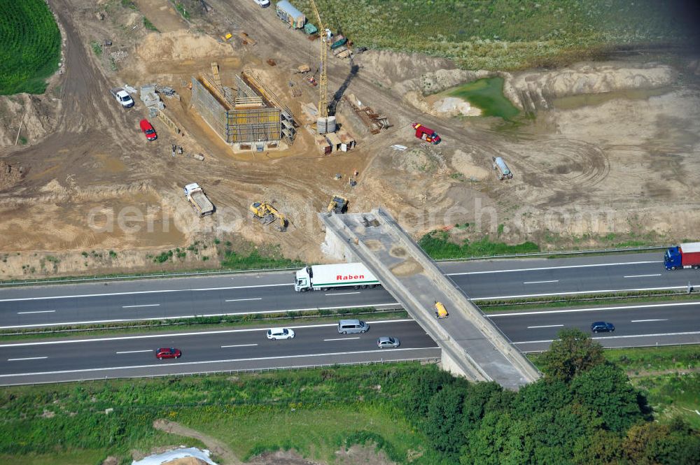 Aerial photograph Schwanebeck / Barnim - Baustelle vom Autobahndreieck Kreuz Barnim , vormals AD Schwanebeck, mit Aus- und Umbauarbeiten. View of the construction site at the highway triangle Kreuz Barnim.