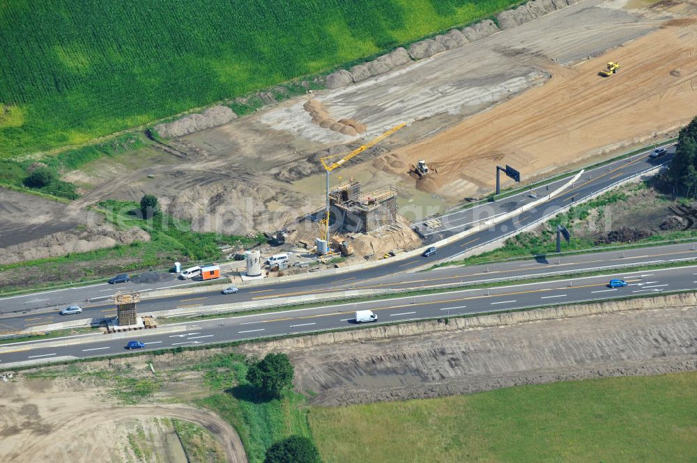 Aerial image Schwanebeck / Barnim - Baustelle vom Autobahndreieck Kreuz Barnim , vormals AD Schwanebeck, mit Aus- und Umbauarbeiten. View of the construction site at the highway triangle Kreuz Barnim.