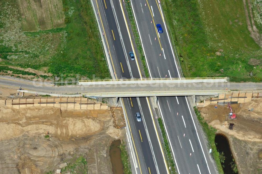 Aerial image Schwanebeck / Barnim - Baustelle vom Autobahndreieck Kreuz Barnim , vormals AD Schwanebeck, mit Aus- und Umbauarbeiten. View of the construction site at the highway triangle Kreuz Barnim.