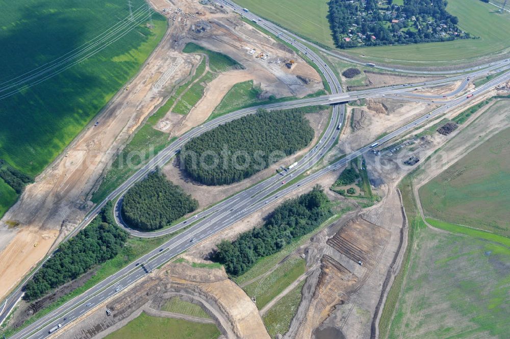 Schwanebeck / Barnim from the bird's eye view: Baustelle vom Autobahndreieck Kreuz Barnim , vormals AD Schwanebeck, mit Aus- und Umbauarbeiten. View of the construction site at the highway triangle Kreuz Barnim.