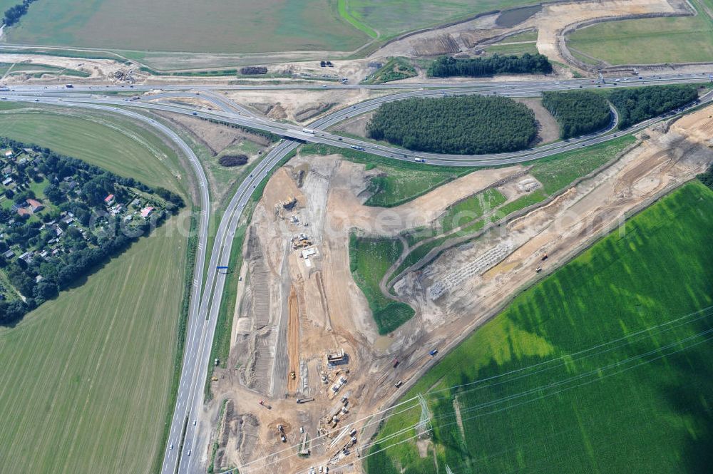 Aerial image Schwanebeck / Barnim - Baustelle vom Autobahndreieck Kreuz Barnim , vormals AD Schwanebeck, mit Aus- und Umbauarbeiten. View of the construction site at the highway triangle Kreuz Barnim.