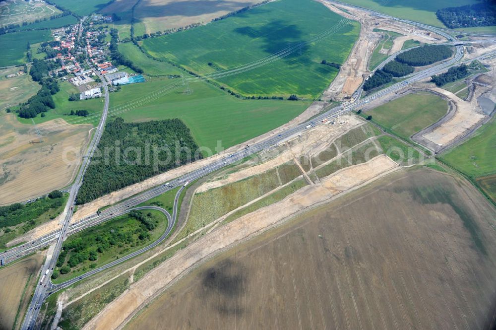 Aerial photograph Schwanebeck / Barnim - Baustelle vom Autobahndreieck Kreuz Barnim , vormals AD Schwanebeck, mit Aus- und Umbauarbeiten. View of the construction site at the highway triangle Kreuz Barnim.