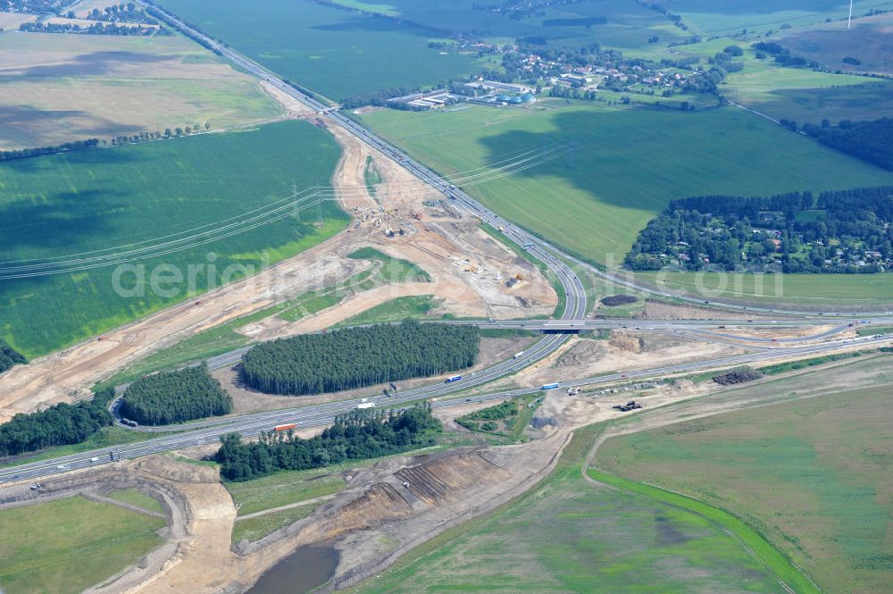 Aerial image Schwanebeck / Barnim - Baustelle vom Autobahndreieck Kreuz Barnim , vormals AD Schwanebeck, mit Aus- und Umbauarbeiten. View of the construction site at the highway triangle Kreuz Barnim.