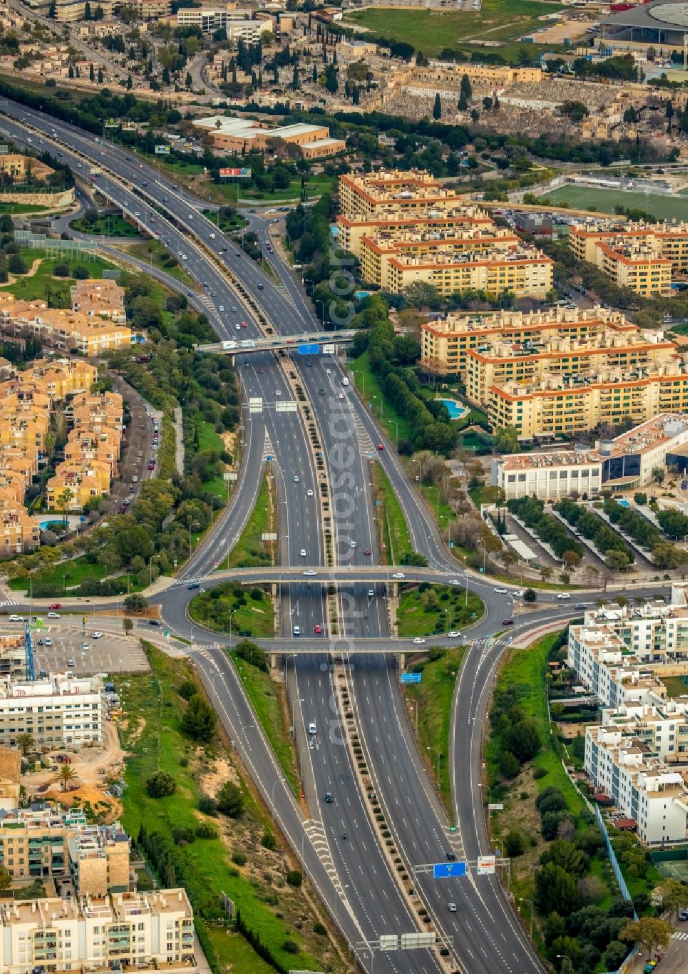 Palma from above - Traffic flow at the intersection- motorway Autopista Ma-20 in Palma in Balearische Insel Mallorca, Spain