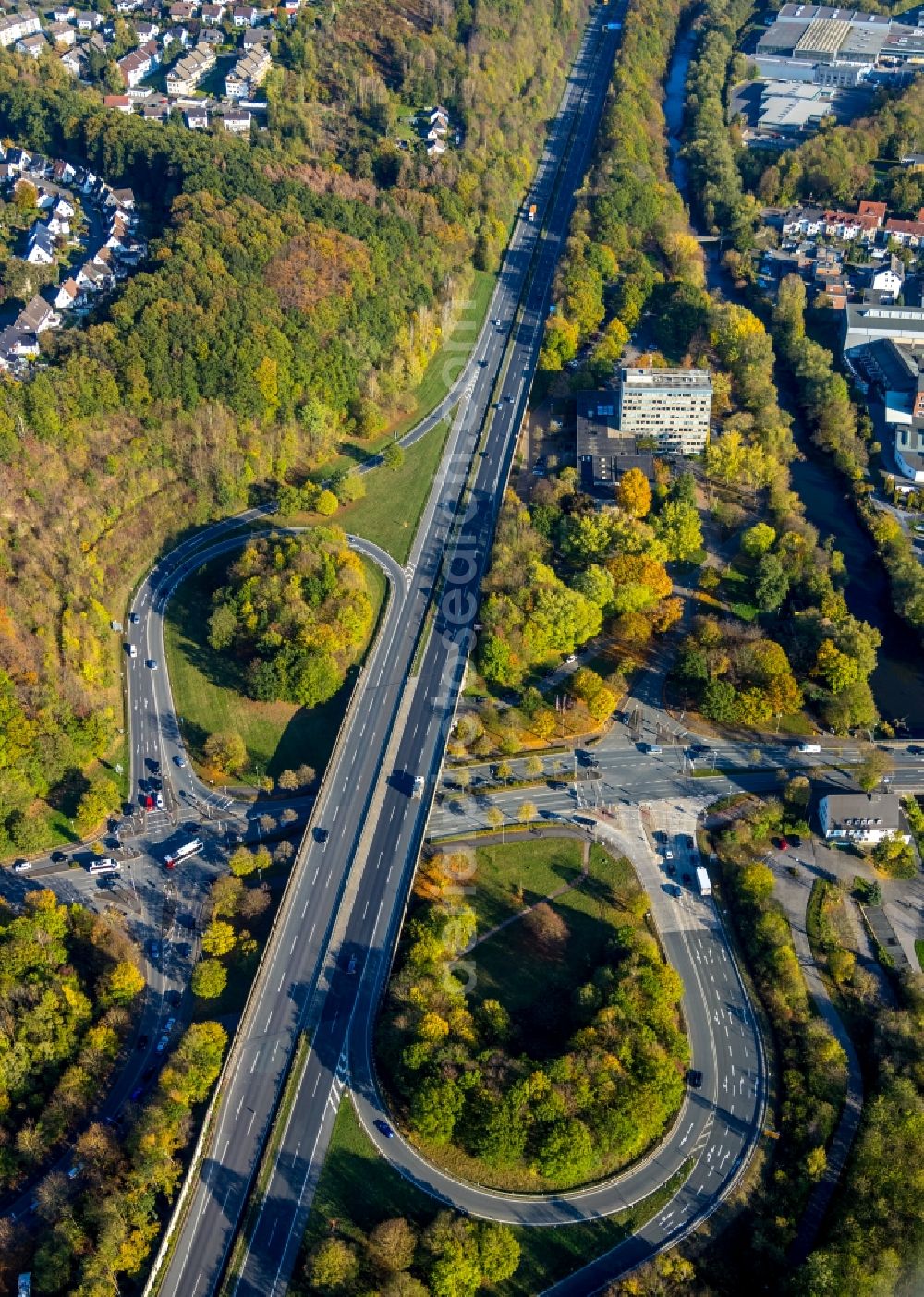 Aerial image Arnsberg - Traffic flow at the intersection- motorway A 46 in Arnsberg in the state North Rhine-Westphalia, Germany