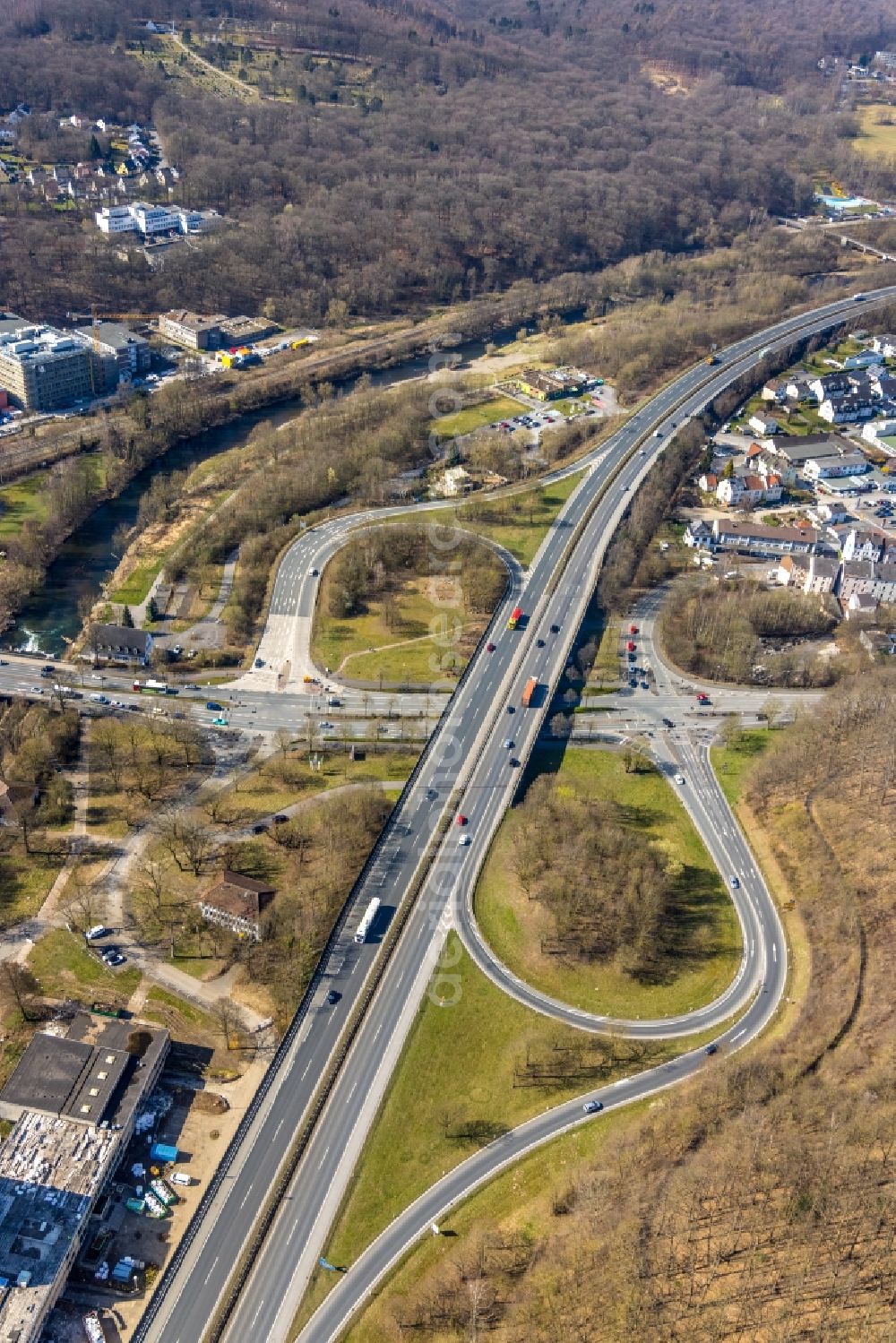 Aerial image Arnsberg - Traffic flow at the intersection- motorway A 46 in Arnsberg in the state North Rhine-Westphalia, Germany