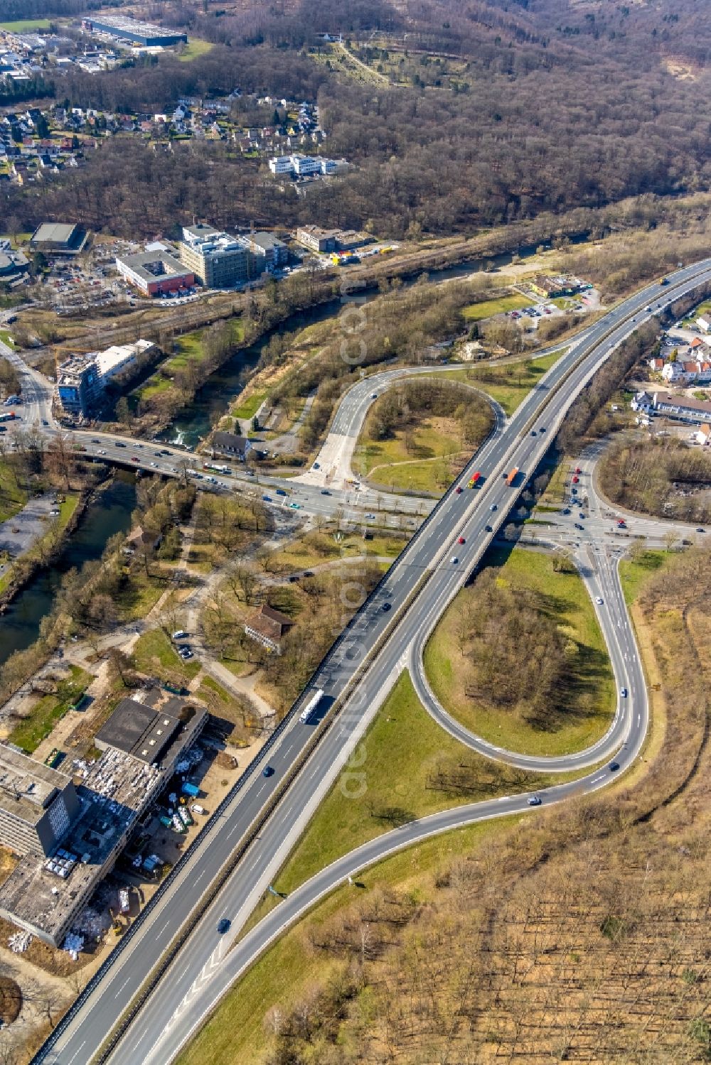 Aerial image Arnsberg - Traffic flow at the intersection- motorway A 46 in Arnsberg in the state North Rhine-Westphalia, Germany