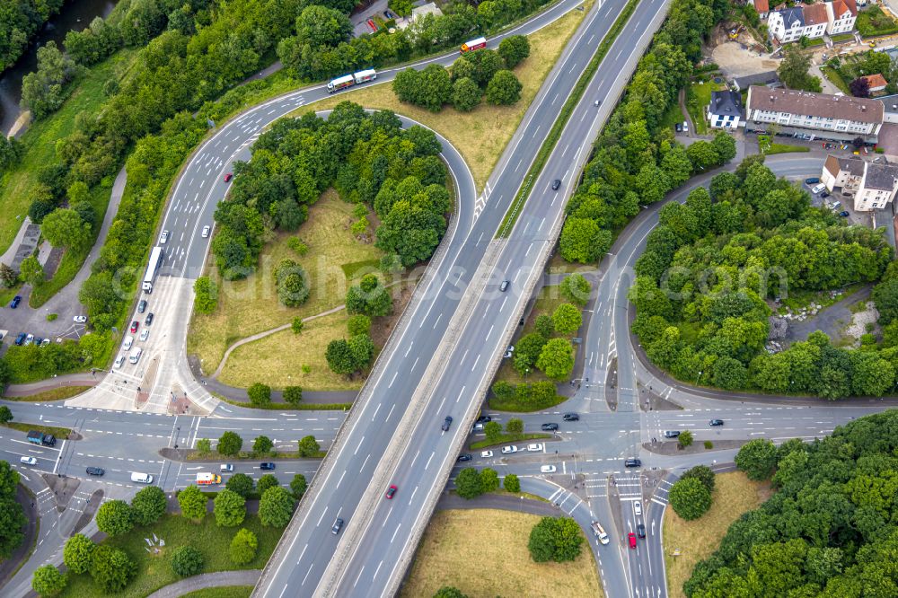 Arnsberg from above - Traffic flow at the intersection- motorway A 46 in Arnsberg in the state North Rhine-Westphalia, Germany