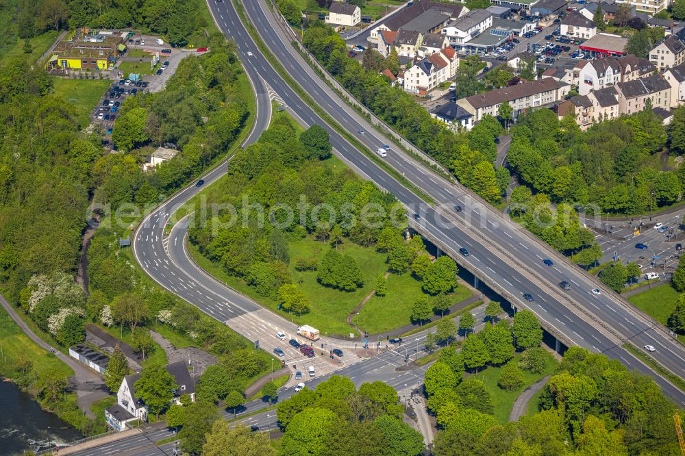 Arnsberg from above - Traffic flow at the intersection- motorway A 46 in Arnsberg in the state North Rhine-Westphalia, Germany