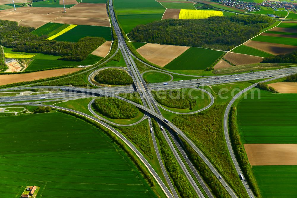 Biebelried from above - Traffic flow at the intersection- motorway A 3 A7 in Biebelried in the state Bavaria, Germany