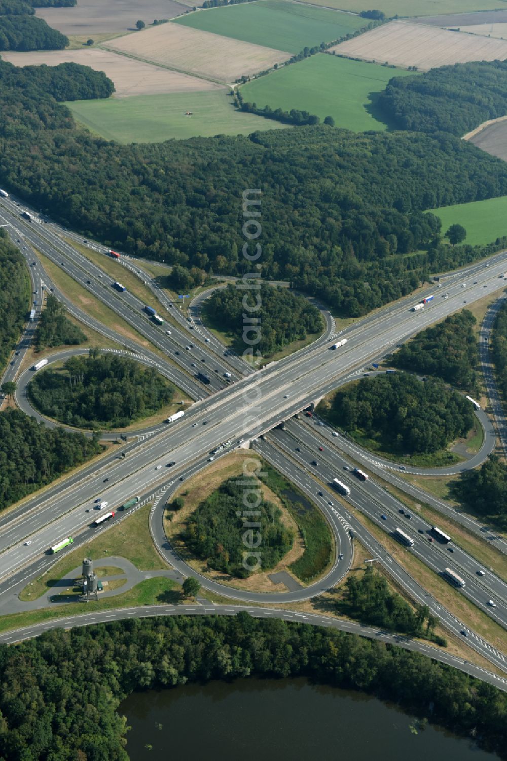 Aerial photograph Hannover - Traffic flow at the intersection- motorway A 2 - A7 in Hannover in the state Lower Saxony, Germany