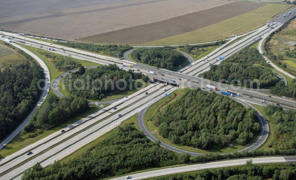 Hermsdorf from above - Traffic flow at the intersection- motorway A 4 and A9 Hermsdorfer Kreuz in Hermsdorf in the state Thuringia, Germany