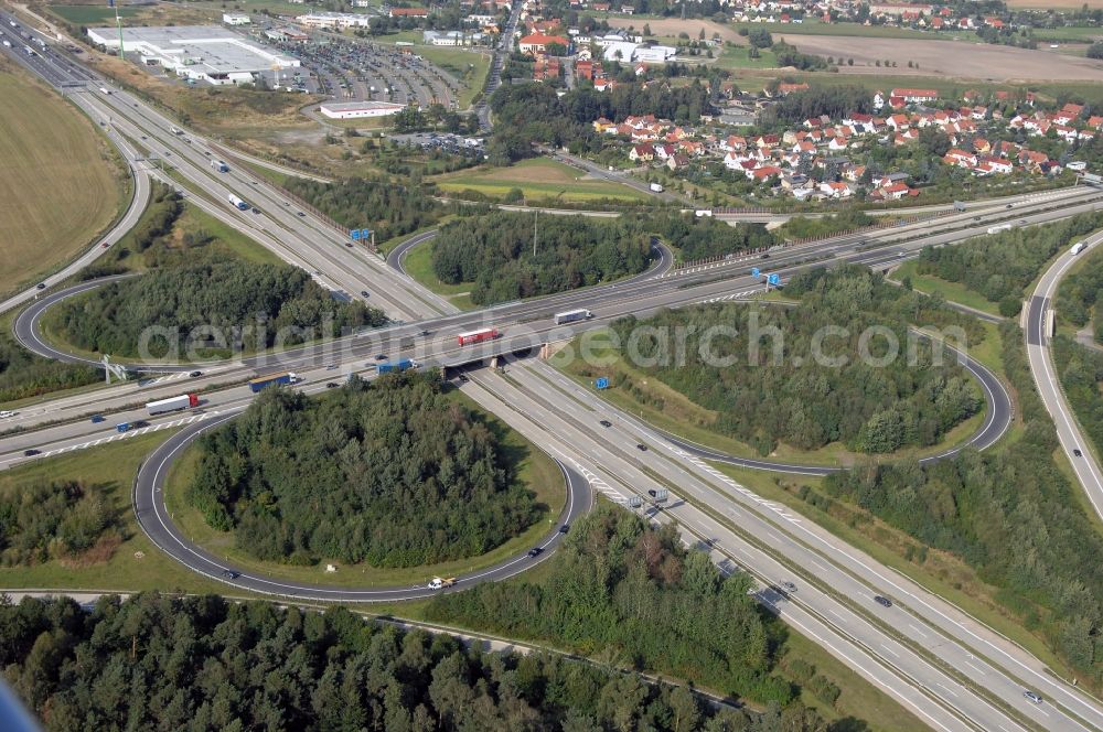 Hermsdorf from the bird's eye view: Traffic flow at the intersection- motorway A 4 and A9 Hermsdorfer Kreuz in Hermsdorf in the state Thuringia, Germany