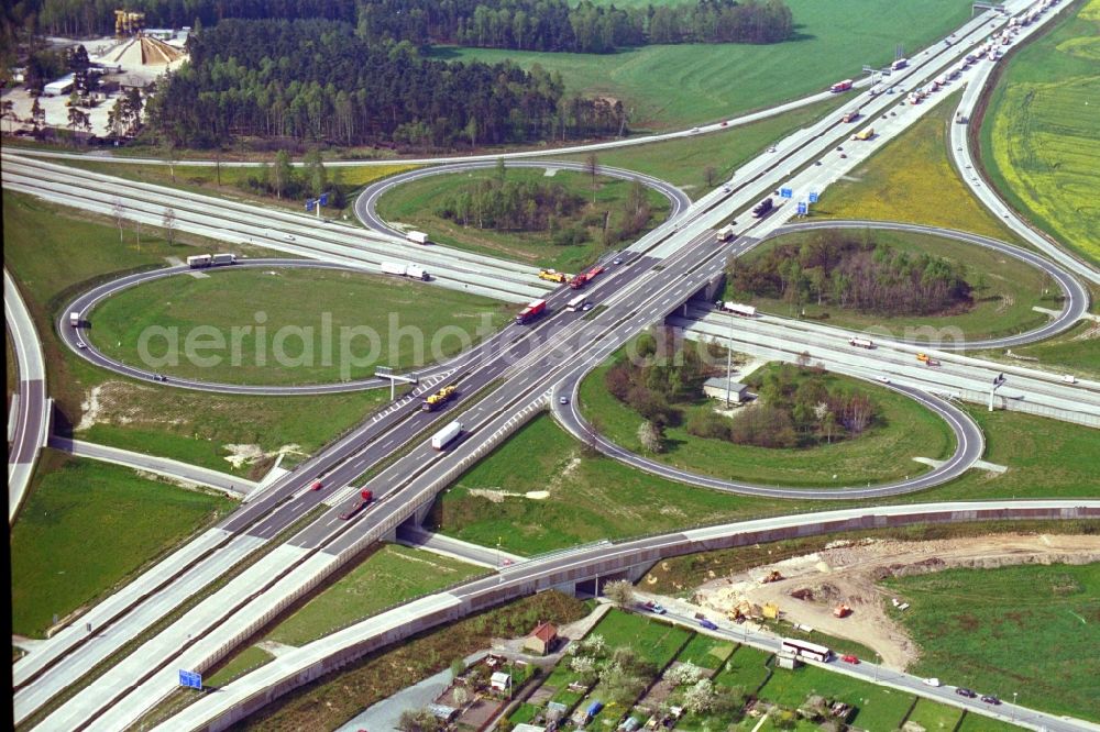 Hermsdorf from above - Traffic flow at the intersection- motorway A 4 and A9 Hermsdorfer Kreuz in Hermsdorf in the state Thuringia, Germany