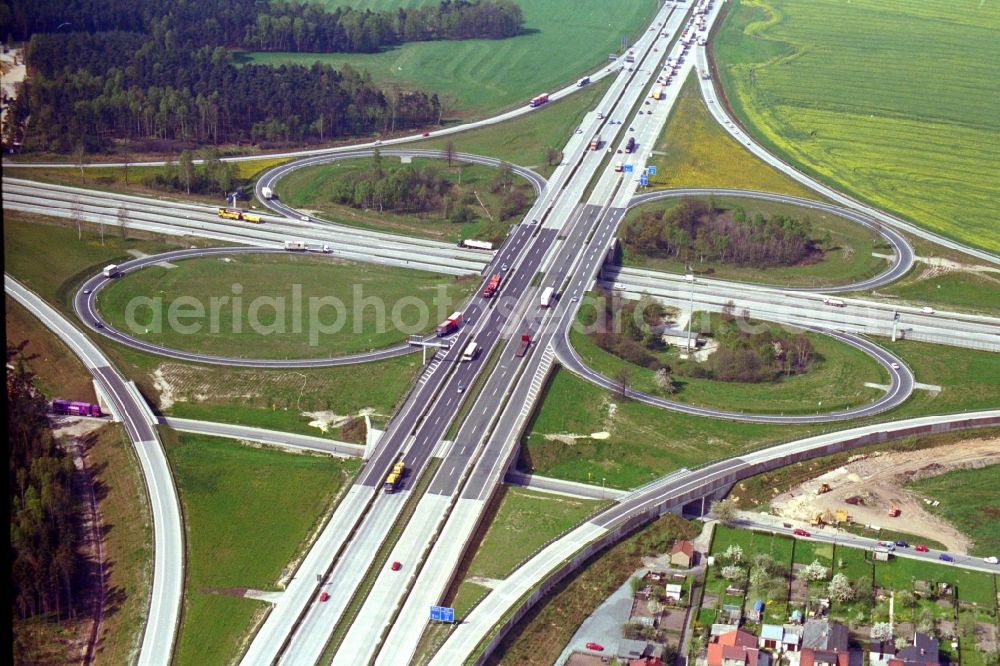 Aerial image Hermsdorf - Traffic flow at the intersection- motorway A 4 and A9 Hermsdorfer Kreuz in Hermsdorf in the state Thuringia, Germany