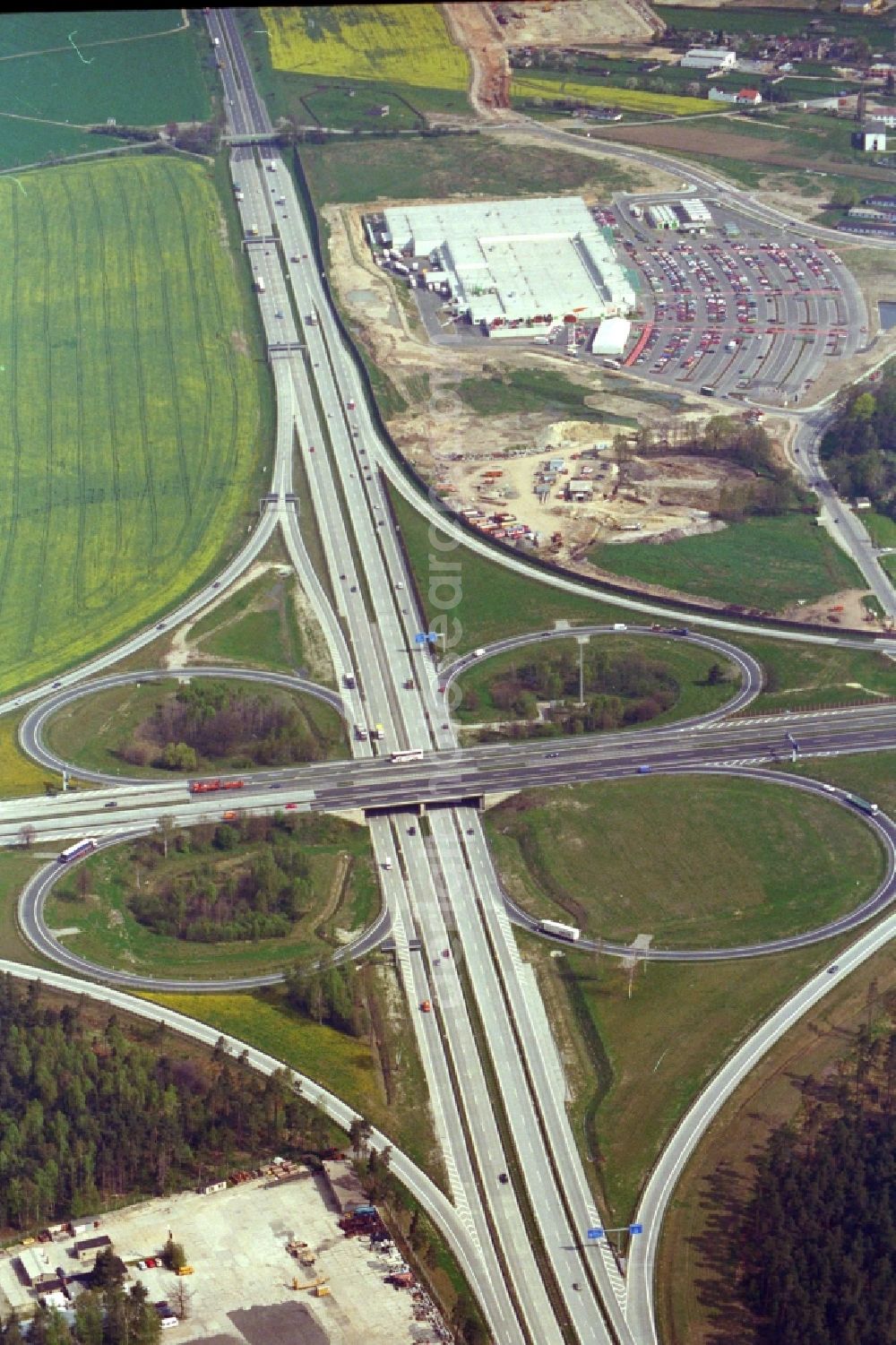 Hermsdorf from above - Traffic flow at the intersection- motorway A 4 and A9 Hermsdorfer Kreuz in Hermsdorf in the state Thuringia, Germany