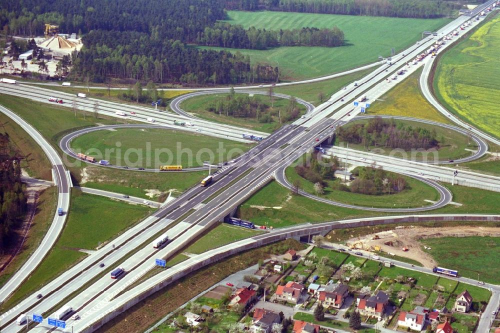 Hermsdorf from above - Traffic flow at the intersection- motorway A 4 and A9 Hermsdorfer Kreuz in Hermsdorf in the state Thuringia, Germany