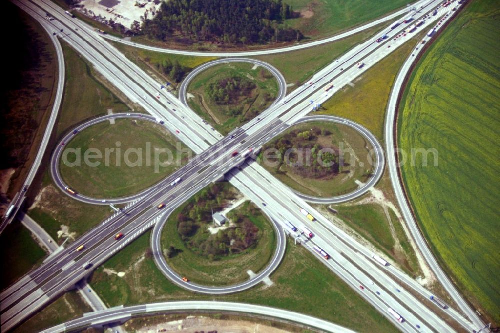 Aerial image Hermsdorf - Traffic flow at the intersection- motorway A 4 and A9 Hermsdorfer Kreuz in Hermsdorf in the state Thuringia, Germany