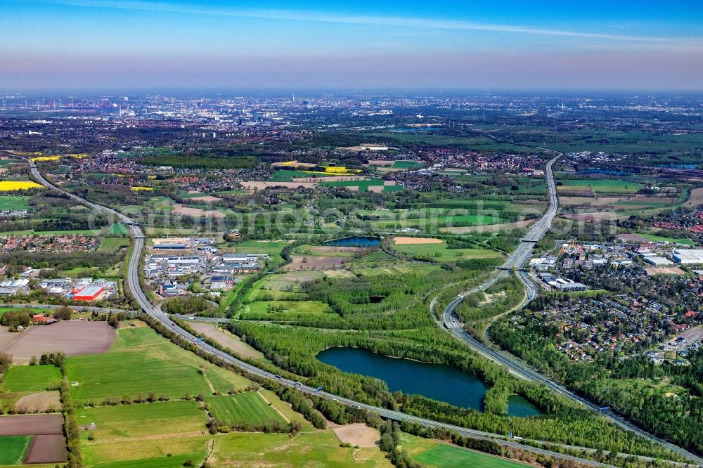 Aerial image Seevetal - Traffic flow at the intersection- motorway A 7 and A1 of Horster Dreieck in Seevetal in the state Lower Saxony, Germany