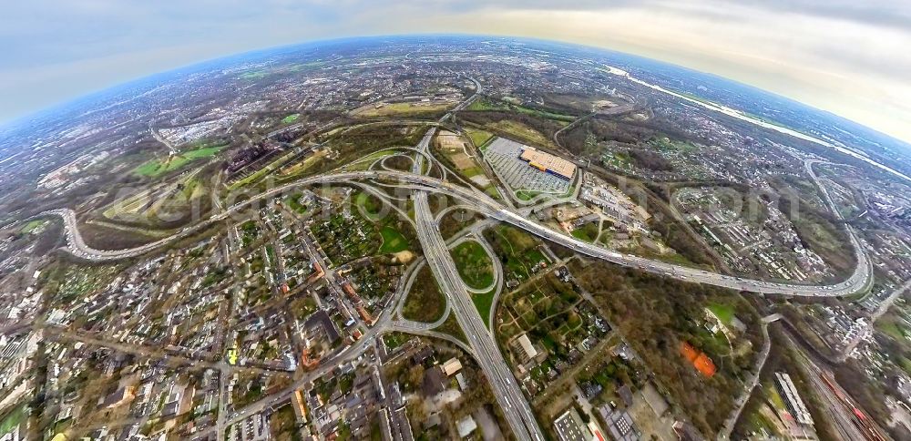 Duisburg from above - Traffic flow at the intersection- motorway A 42 59 Kreuz Duisburg-Nord in the district Obermeiderich in Duisburg in the state North Rhine-Westphalia, Germany