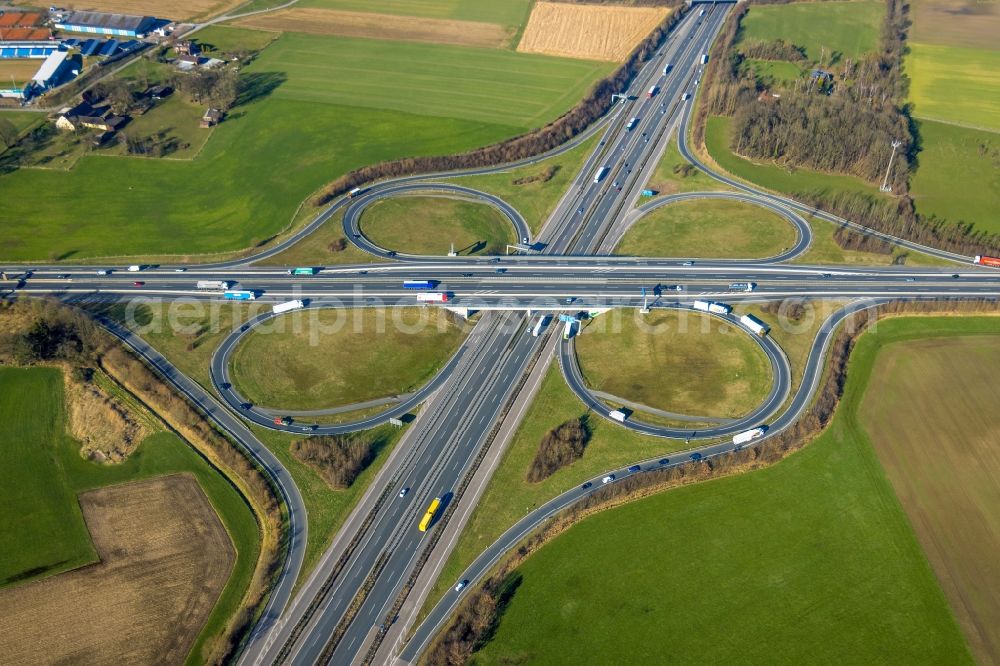 Aerial image Lotte - Traffic flow at the intersection- motorway A30 - A1 Kreuz Lotte/Osnabrueck in form of cloverleaf in Lotte in the state North Rhine-Westphalia, Germany