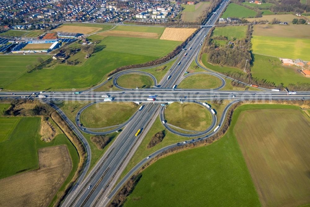 Lotte from above - Traffic flow at the intersection- motorway A30 - A1 Kreuz Lotte/Osnabrueck in form of cloverleaf in Lotte in the state North Rhine-Westphalia, Germany