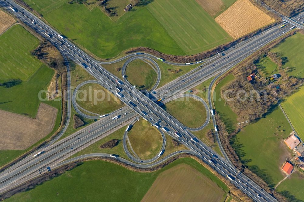 Aerial image Lotte - Traffic flow at the intersection- motorway A30 - A1 Kreuz Lotte/Osnabrueck in form of cloverleaf in Lotte in the state North Rhine-Westphalia, Germany