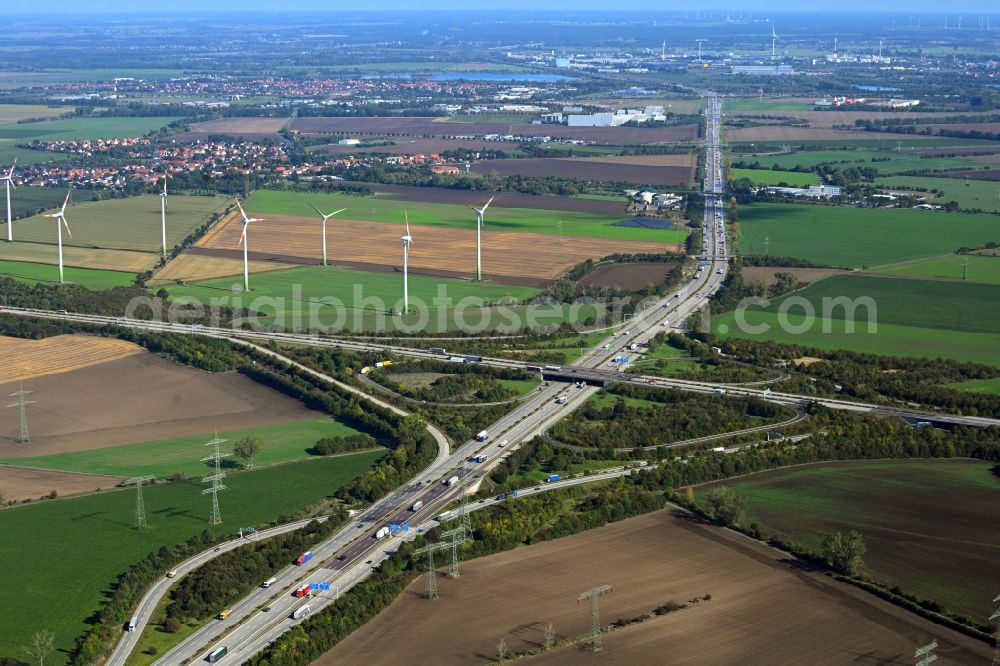 Niederndodeleben from above - Traffic flow at the intersection- motorway A 2 - A14 Kreuz Magdeburg in Niederndodeleben in the state Saxony-Anhalt, Germany