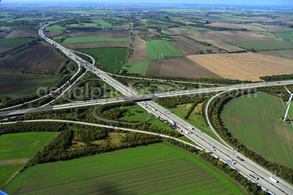 Niederndodeleben from the bird's eye view: Traffic flow at the intersection- motorway A 2 - A14 Kreuz Magdeburg in Niederndodeleben in the state Saxony-Anhalt, Germany