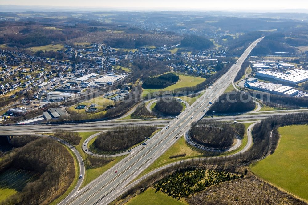 Gerlingen from above - Traffic flow at the intersection- motorway A45 Kreuz Olpe-Sued in form of cloverleaf in Gerlingen Sauerland in the state North Rhine-Westphalia, Germany