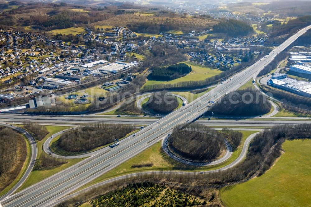 Aerial image Gerlingen - Traffic flow at the intersection- motorway A45 Kreuz Olpe-Sued in form of cloverleaf in Gerlingen Sauerland in the state North Rhine-Westphalia, Germany