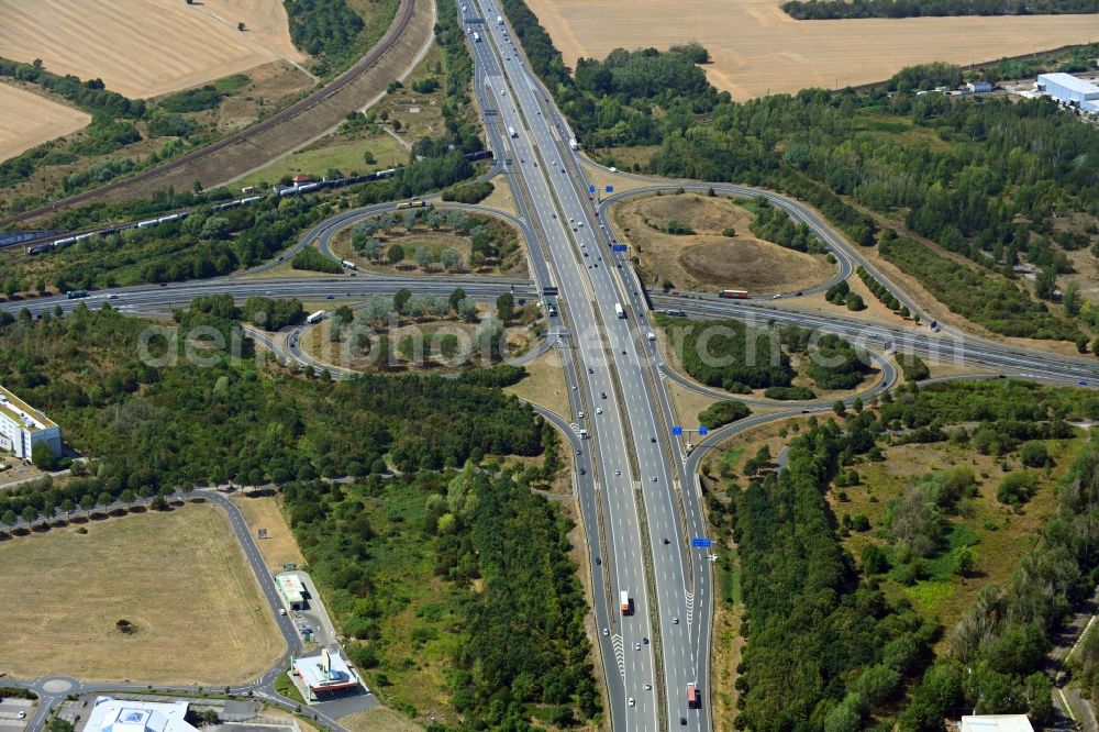 Aerial photograph Leipzig - Traffic flow at the intersection- motorway A 14 and of B 2 in Leipzig in the state Saxony, Germany