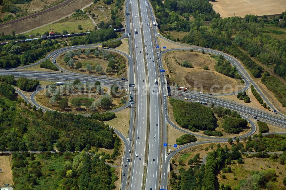 Leipzig from above - Traffic flow at the intersection- motorway A 14 and of B 2 in Leipzig in the state Saxony, Germany