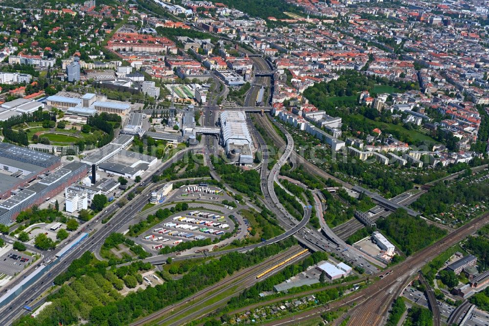 Berlin from above - Traffic flow at the intersection- motorway A 115 -A100 Messedamm am Funkturm in the district Westend in Berlin, Germany