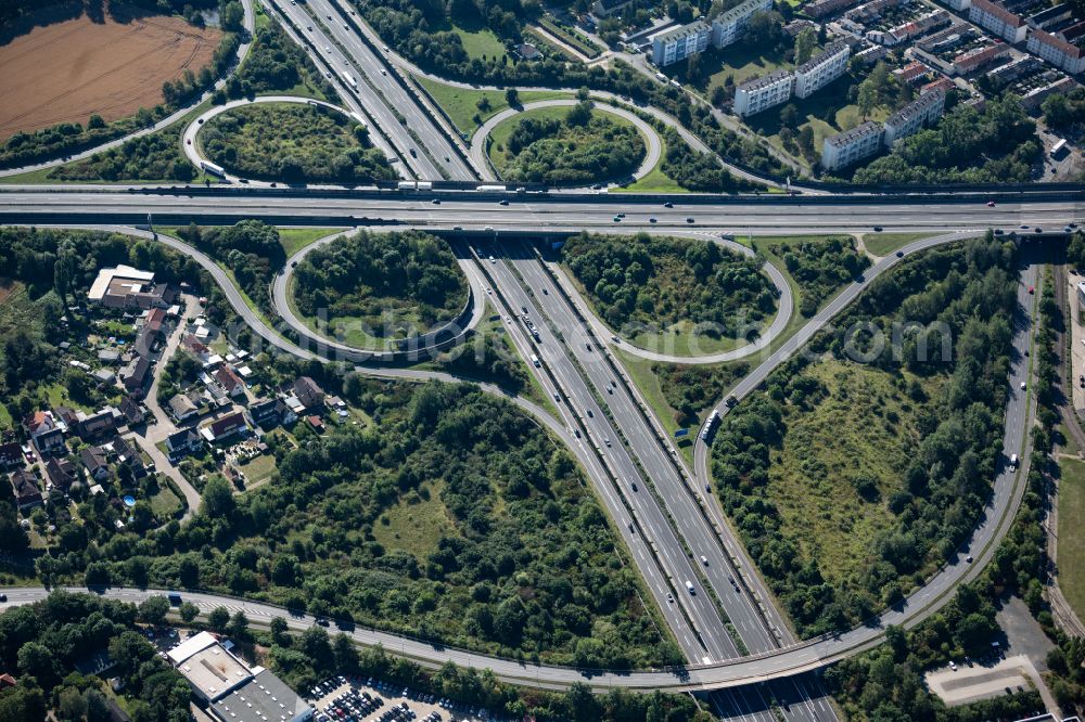 Braunschweig from above - Traffic flow at the intersection- motorway A 2 - 391 in Brunswick in the state Lower Saxony, Germany